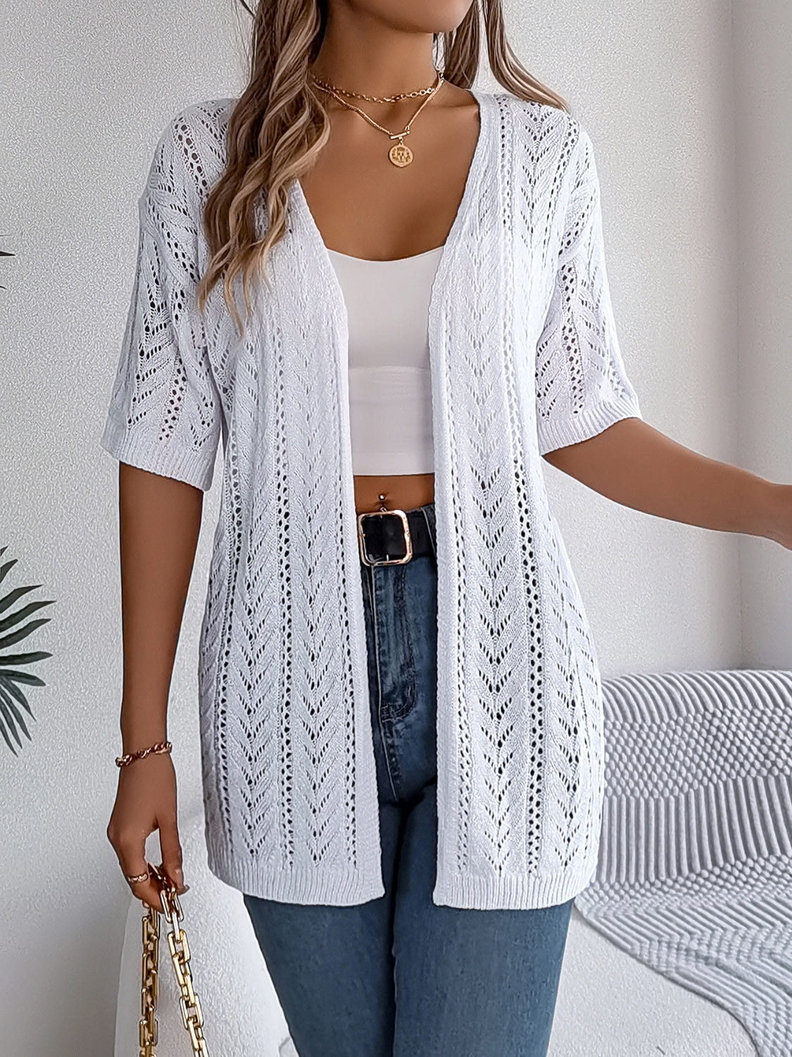 Openwork Open Front Half Sleeve Cardigan-Angel Casuals