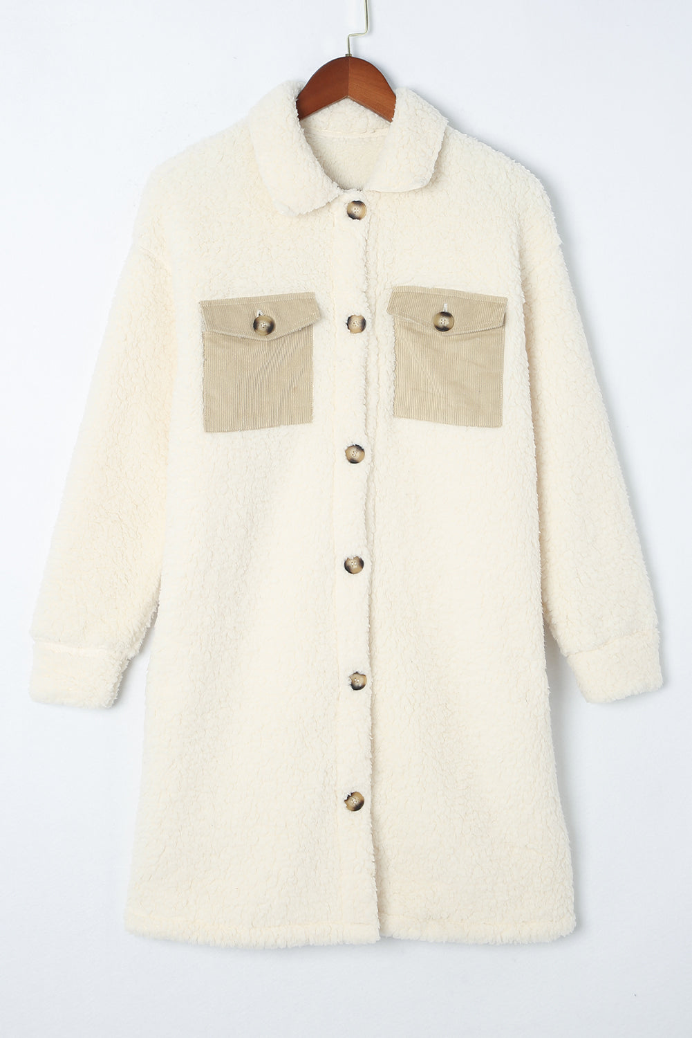 Collared Neck Long Sleeve Longline Teddy Jacket-Angel Casuals