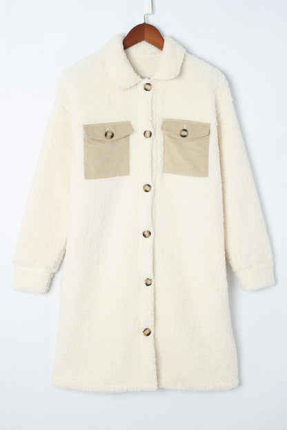 Collared Neck Long Sleeve Longline Teddy Jacket-Angel Casuals