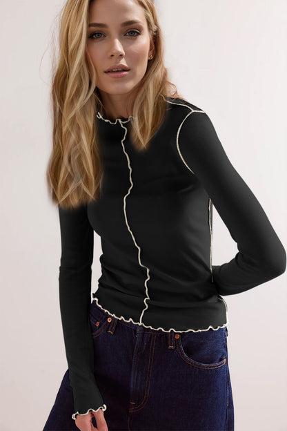 Basic Bae Contrast Trim Mock Neck Long Sleeve T-Shirt-Angel Casuals