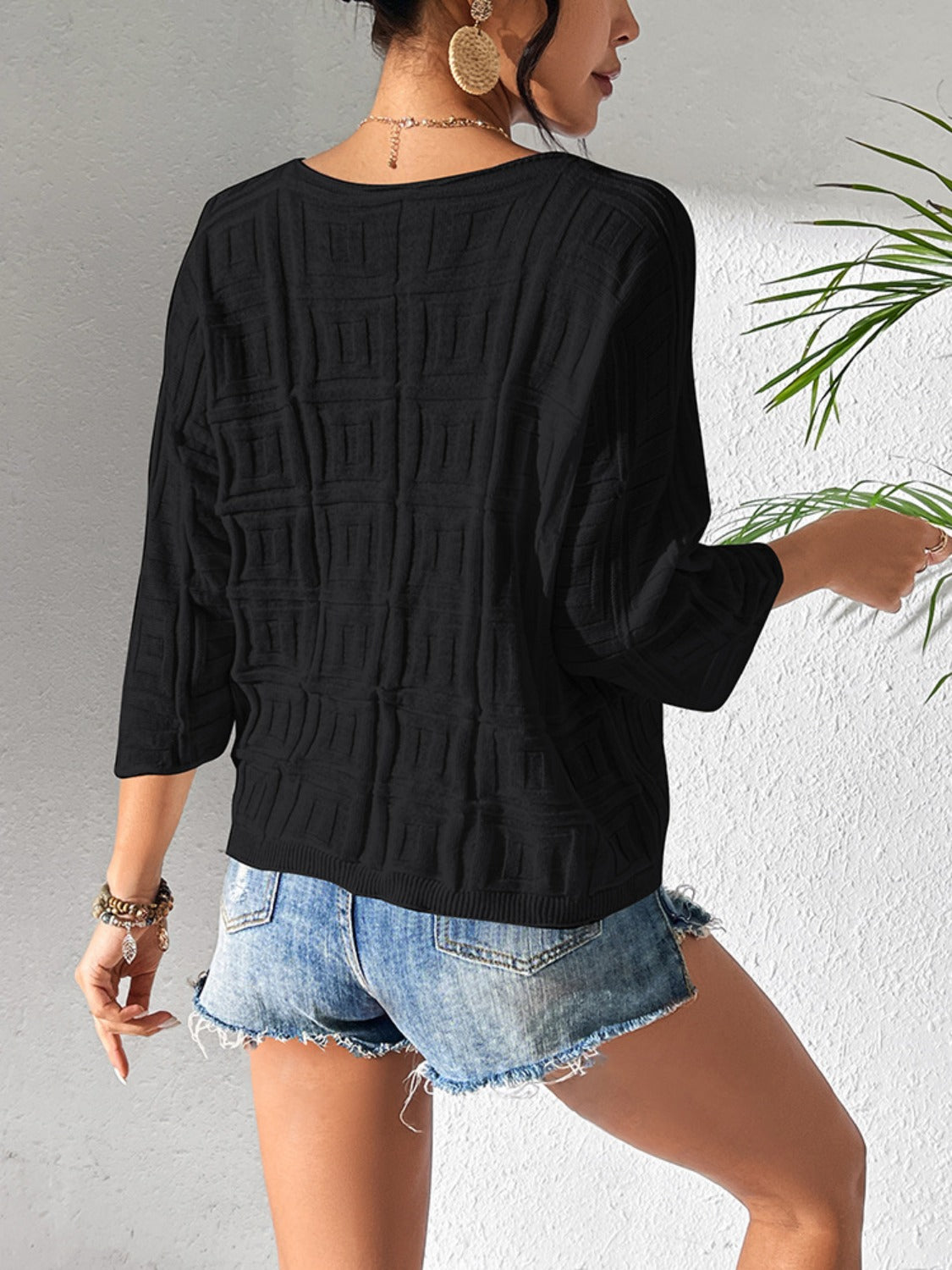 V-Neck Three-Quarter Sleeve Knit Top-Angel Casuals