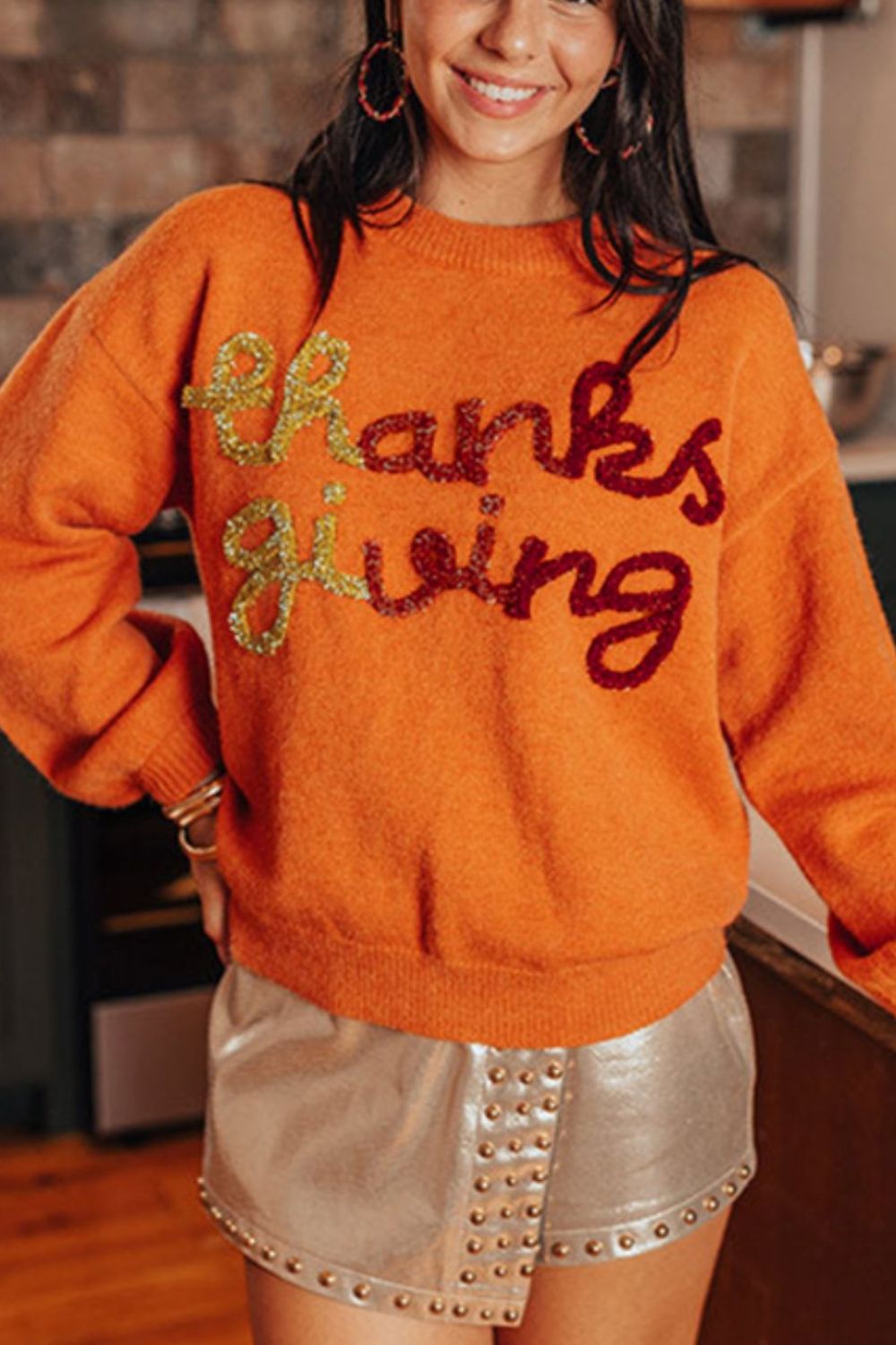 THANKSGIVING Round Neck Dropped Shoulder Sweater-Angel Casuals