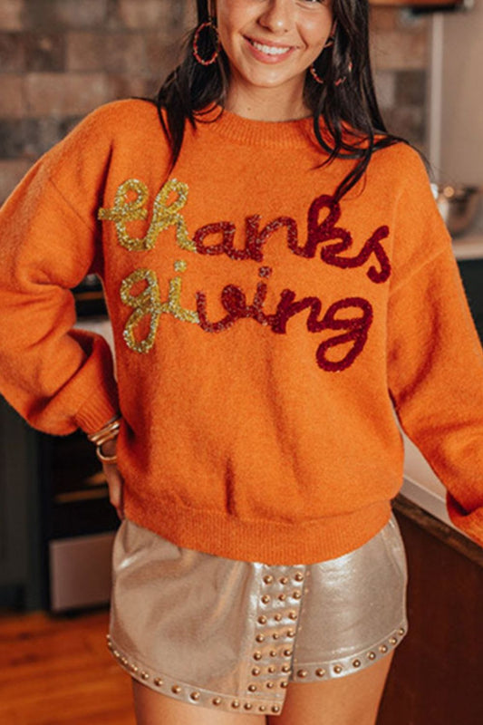 THANKSGIVING Round Neck Dropped Shoulder Sweater-Angel Casuals