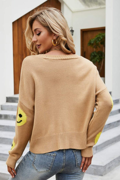 Smiley Face Ribbed Trim V-Neck Cardigan-Angel Casuals