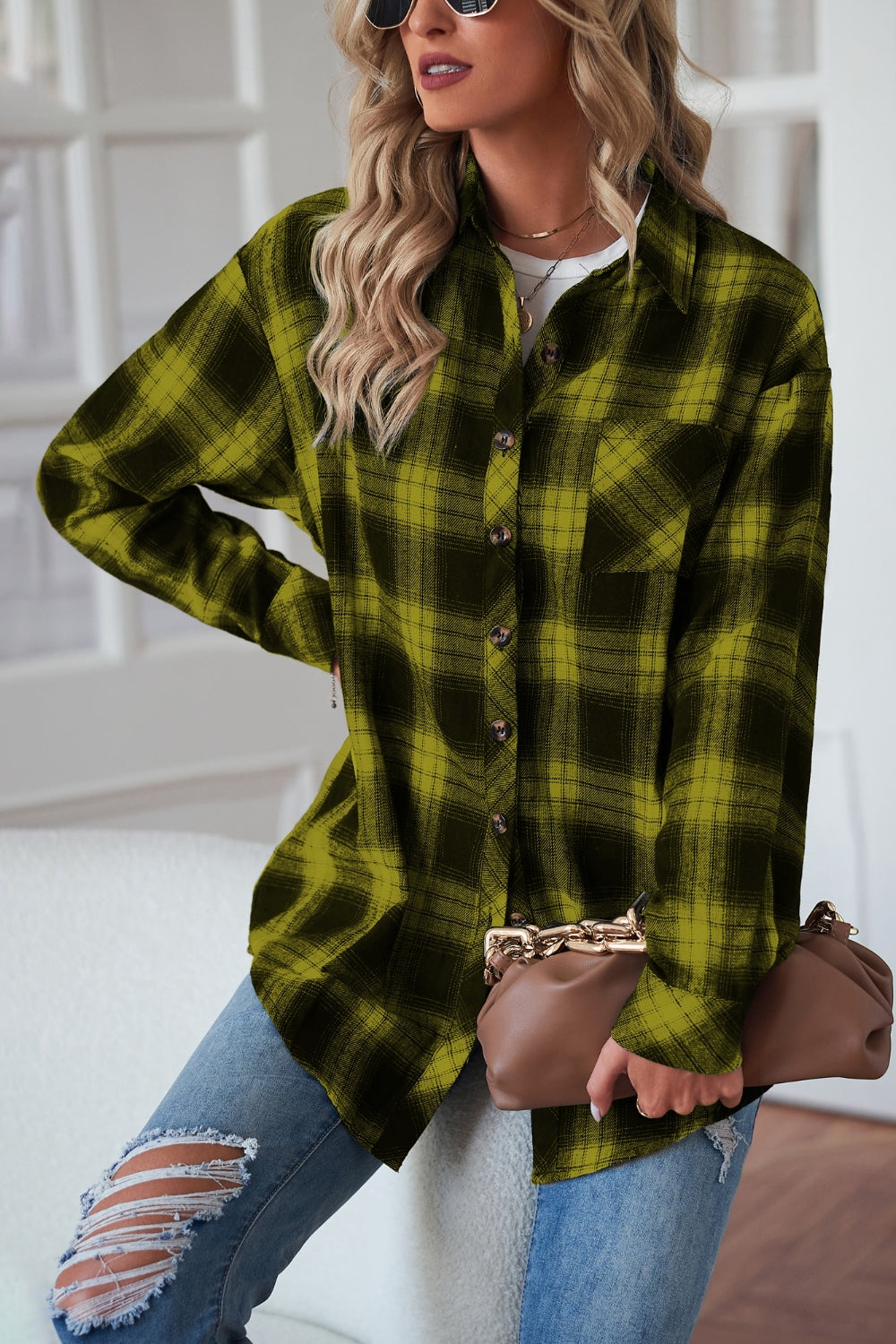 Plaid Button Up Dropped Shoulder Outerwear-Angel Casuals