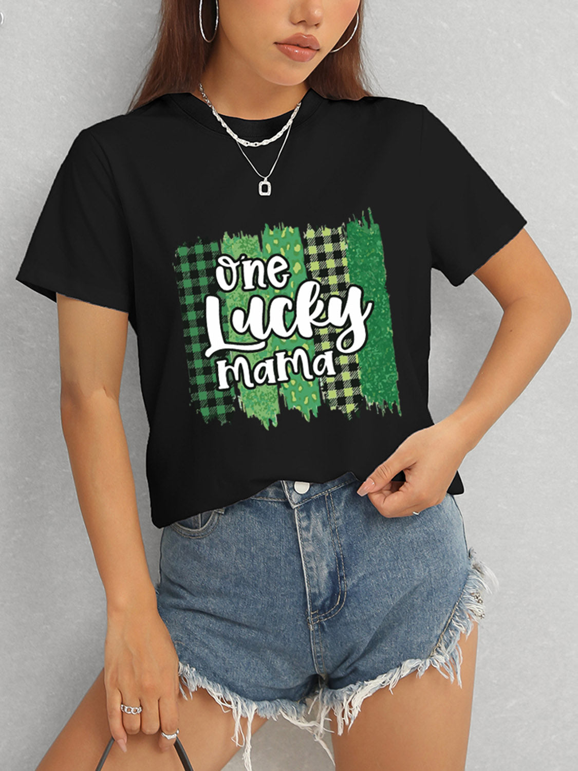 ONE LUCKY MAMA Round Neck T-Shirt-Angel Casuals
