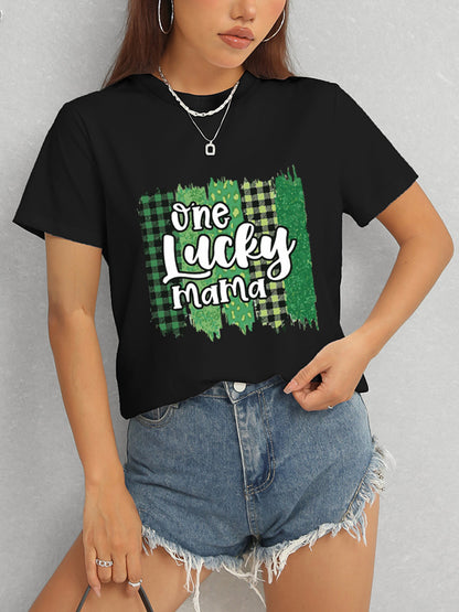 ONE LUCKY MAMA Round Neck T-Shirt-Angel Casuals