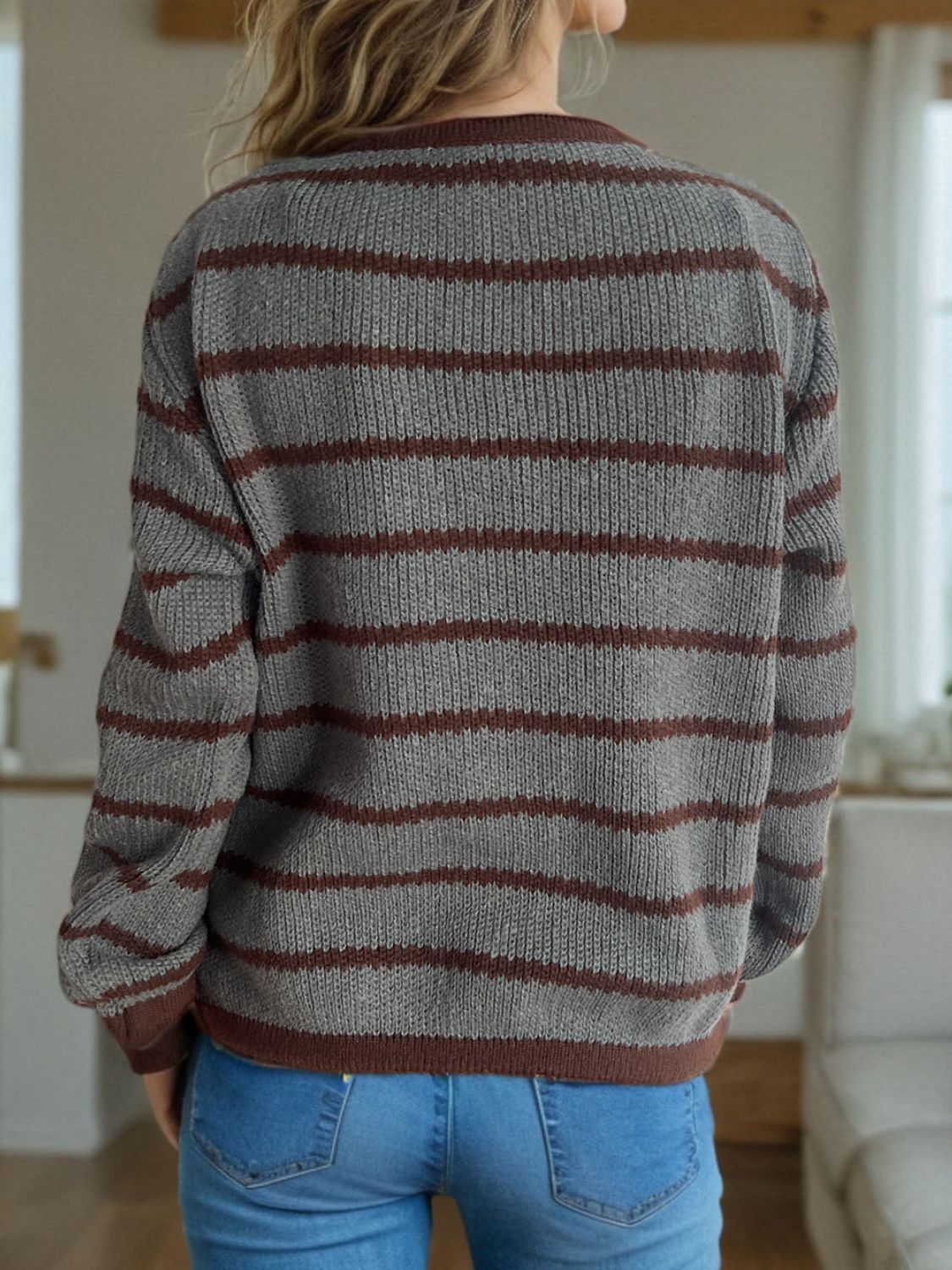 Striped Round Neck Long Sleeve Cardigan-Angel Casuals
