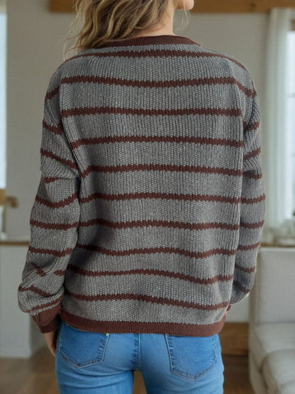 Striped Round Neck Long Sleeve Cardigan-Angel Casuals