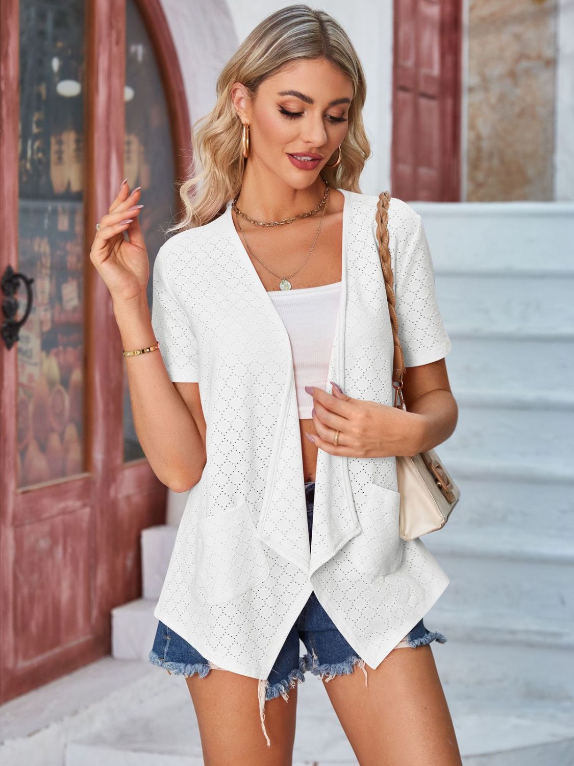 Eyelet Open Front Short Sleeve Cover Up-Angel Casuals