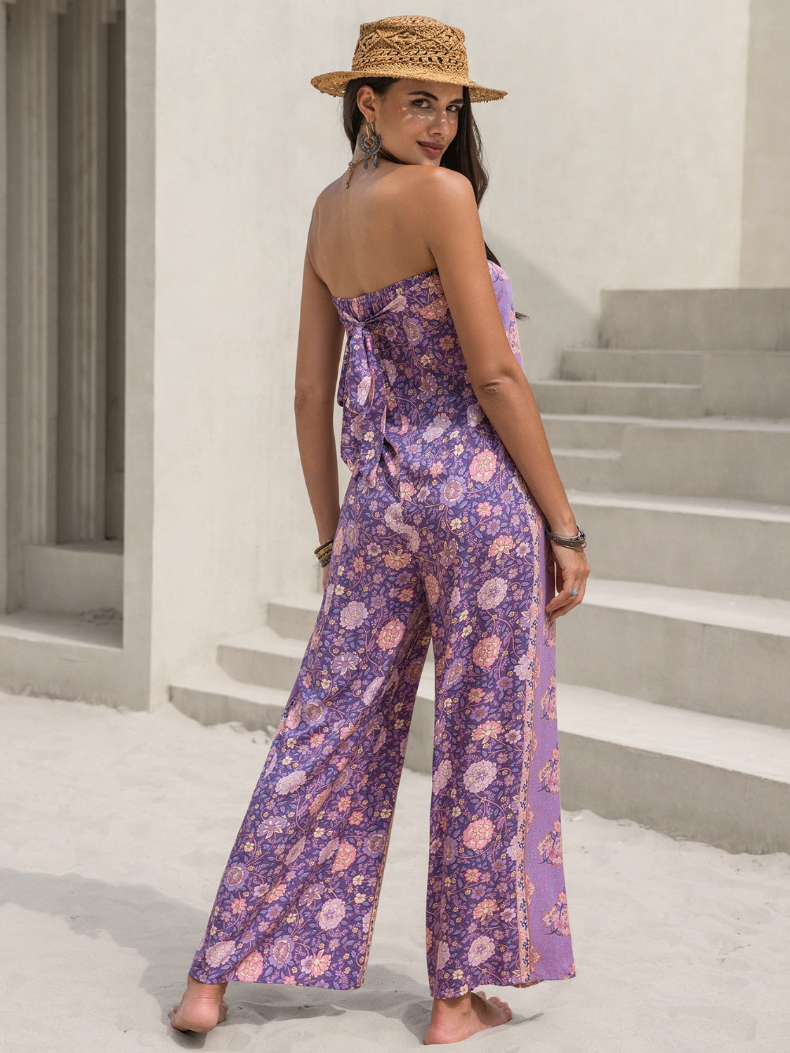 Tied Printed Tube Wide Leg Jumpsuit-Angel Casuals