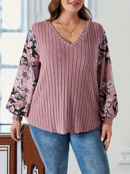 Plus Size Printed V-Neck Long Sleeve T-Shirt-Angel Casuals
