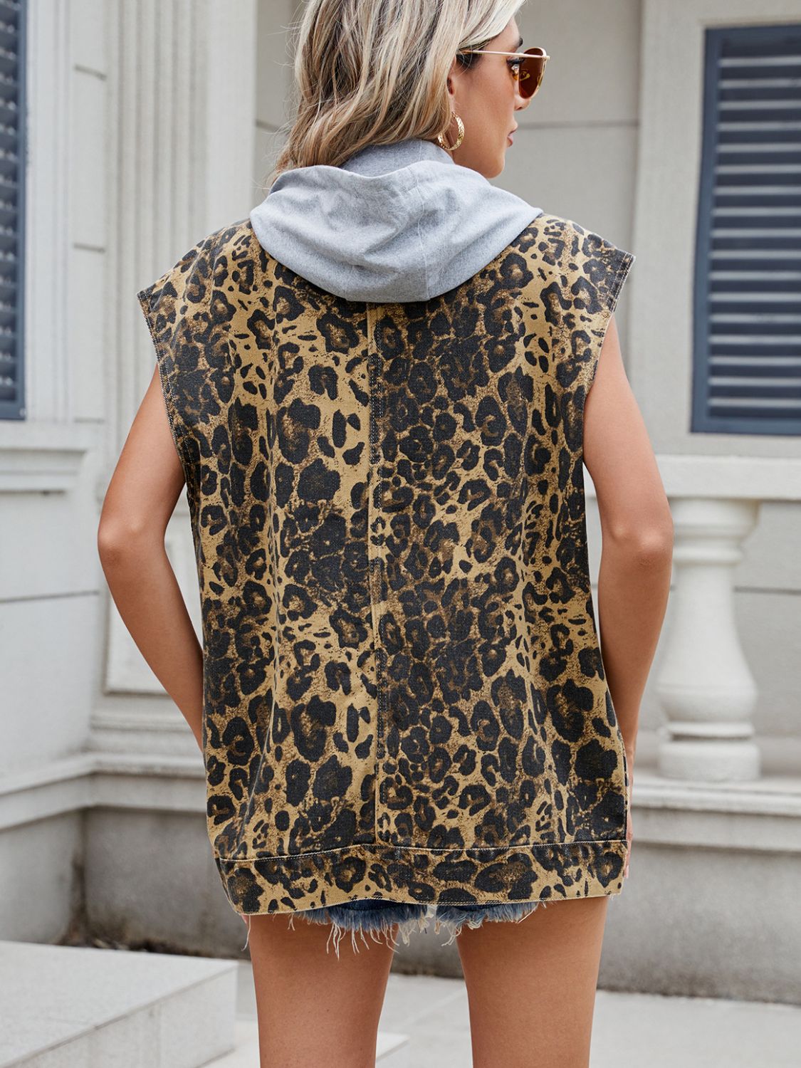 Leopard Buttton Up Denim Vest-Angel Casuals