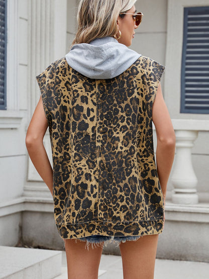 Leopard Buttton Up Denim Vest-Angel Casuals
