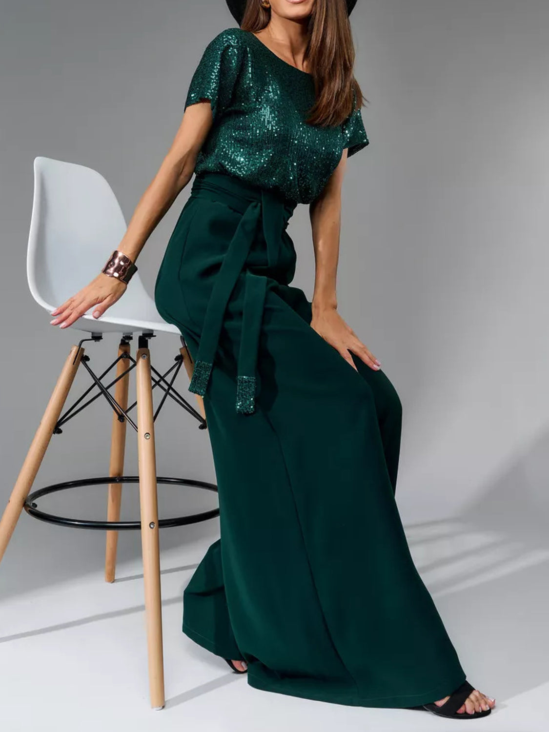 Full Size Sequin Round Neck Short Sleeve Wide Leg Jumpsuit-Angel Casuals