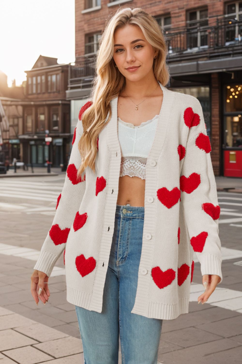 Heart Button Down Long Sleeve Cardigan-Angel Casuals