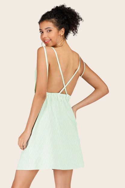 Striped Crisscross Deep V Sleeveless Dress-Angel Casuals