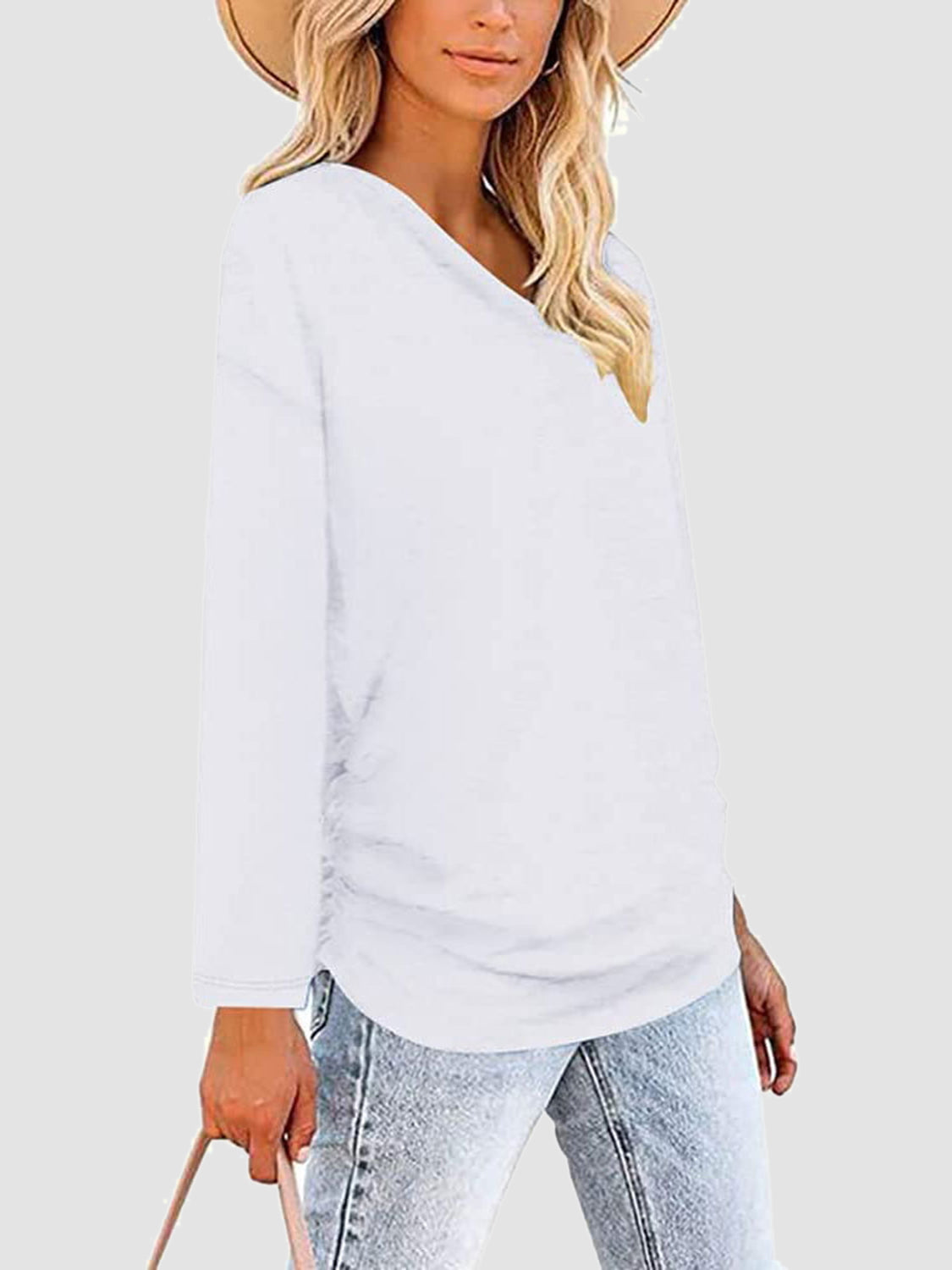 Ruched V-Neck Long Sleeve T-Shirt-Angel Casuals