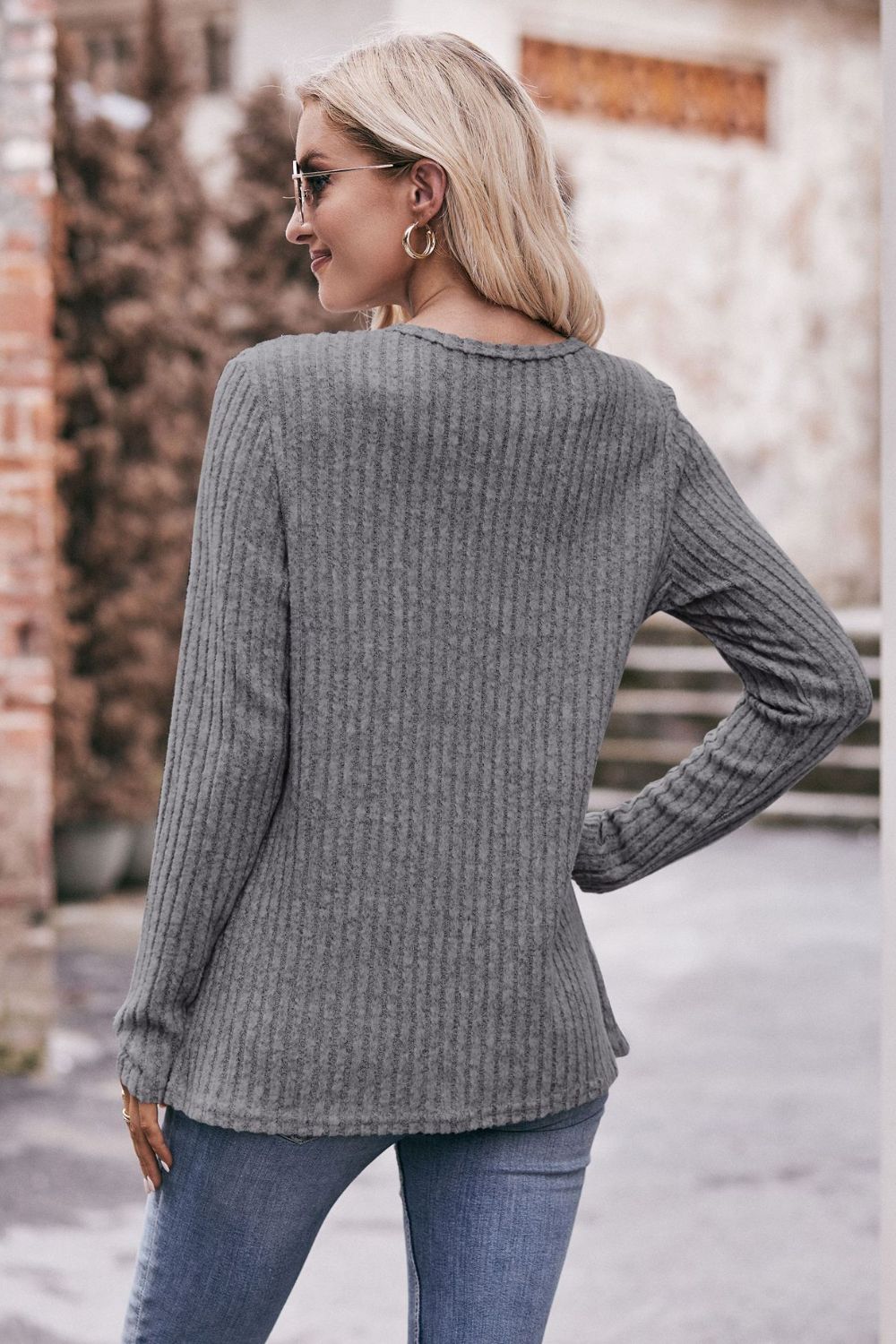 Ribbed Round Neck Buttoned Long Sleeve Tee-Angel Casuals