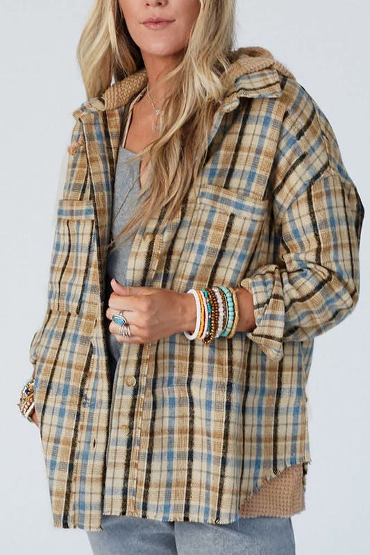 Drawstring Waffle Knit Patchwork Hooded Plaid Shacket-Angel Casuals