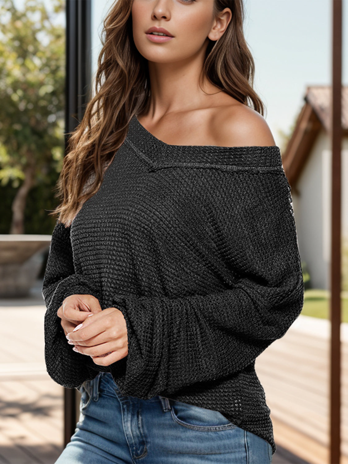 Dropped Shoulder Long Sleeve Knit Top-Angel Casuals