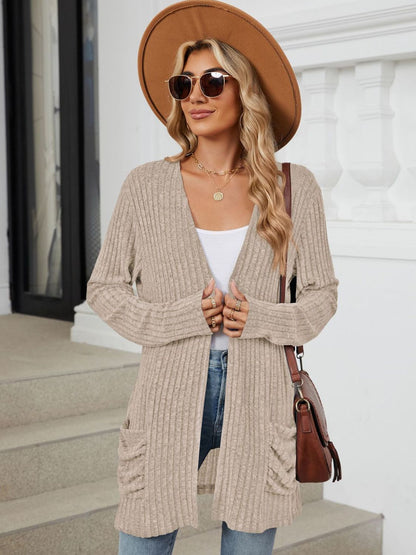 Pocketed Open Front Long Sleeve Cardigan-Angel Casuals