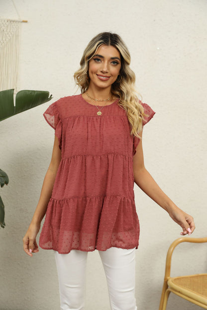 Swiss Dot Round Neck Tiered Blouse-Angel Casuals