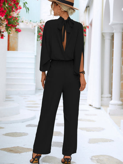 Tie Back Mock Neck Split Sleeve Jumpsuit-Angel Casuals