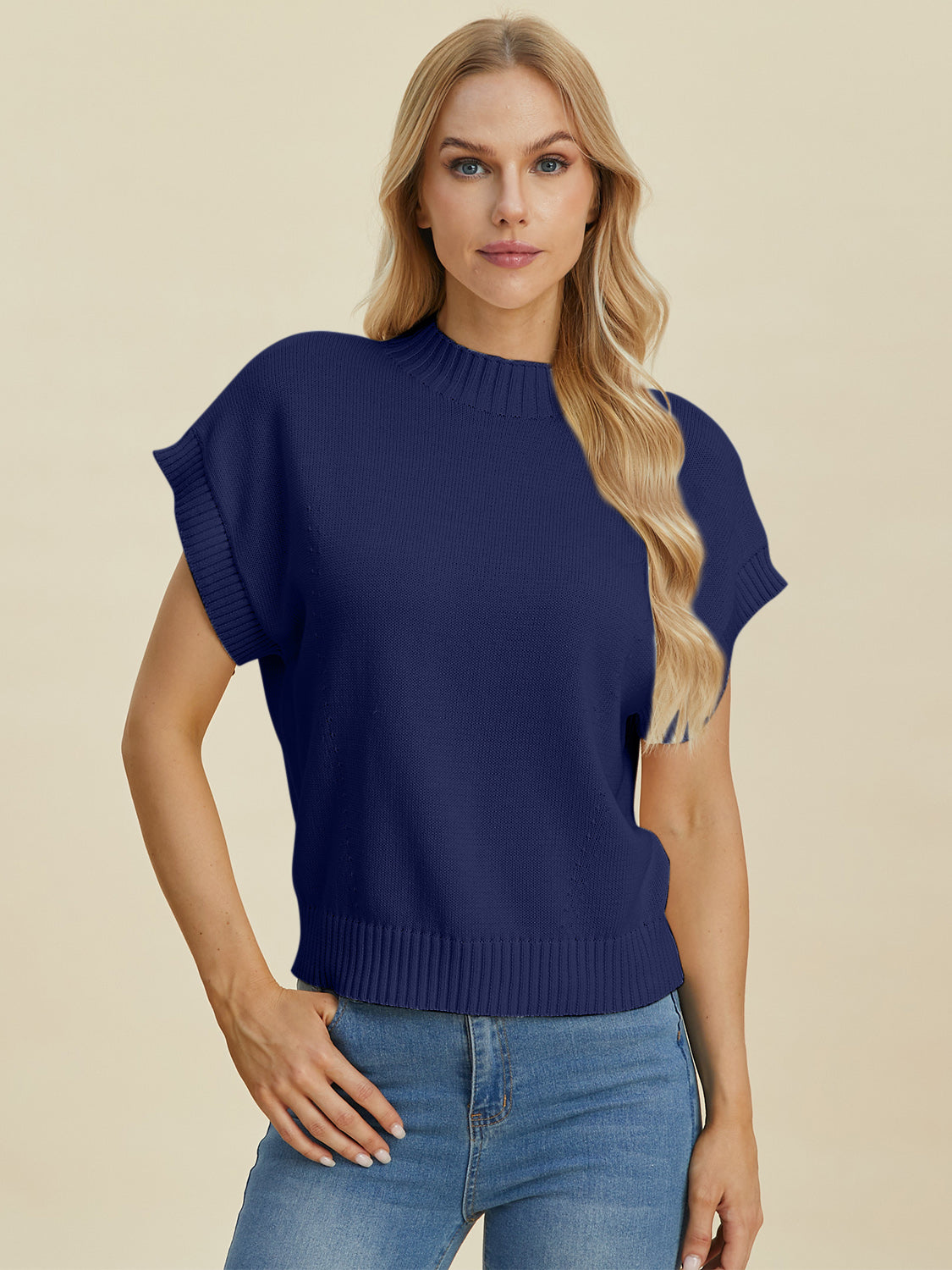 Double Take Full Size Mock Neck Short Sleeve Sweater-Angel Casuals