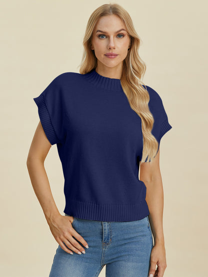 Double Take Full Size Mock Neck Short Sleeve Sweater-Angel Casuals