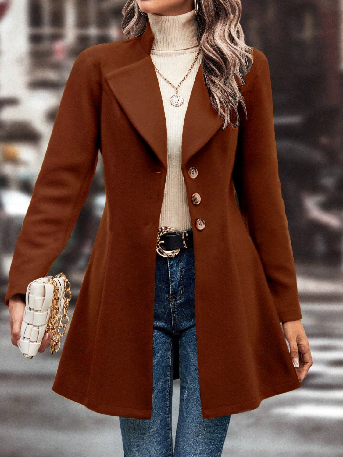 Collared Neck Long Sleeve Longline Coat-Angel Casuals