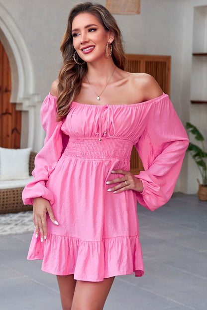 Smocked Balloon Sleeve Off-Shoulder Mini Dress-Angel Casuals