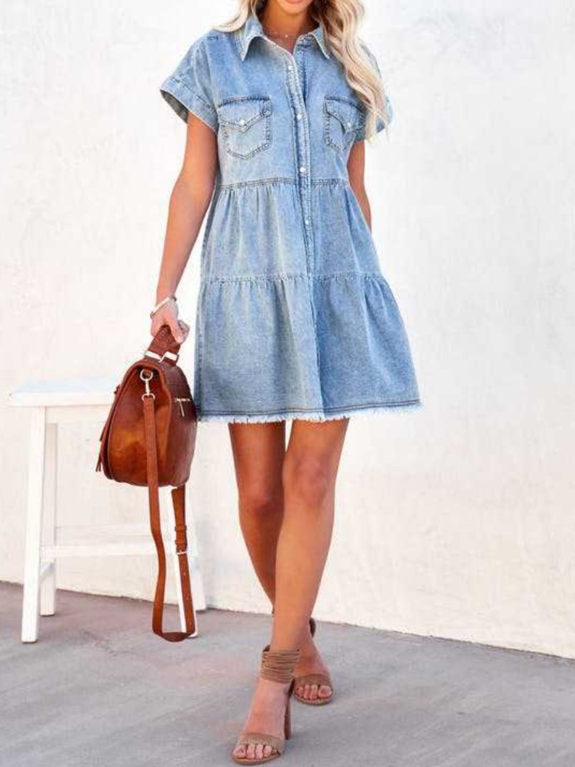 Raw Hem Short Sleeve Denim Dress-Angel Casuals