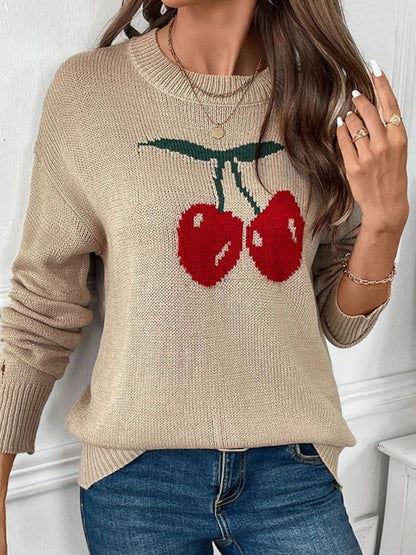 Perfee Cherry Round Neck Long Sleeve Sweater-Angel Casuals