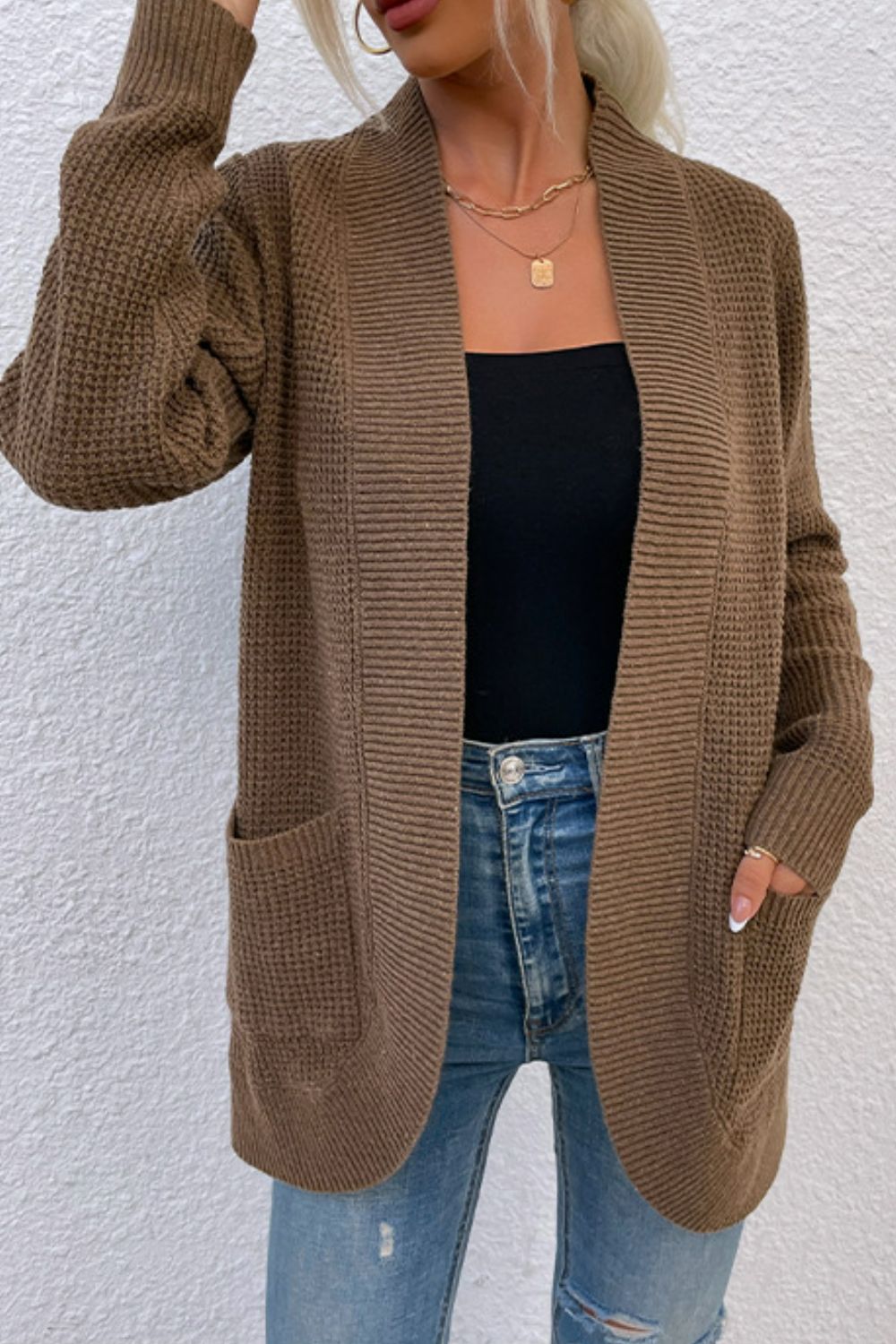 Open Front Rib-Knit Cardigan with Pockets-Angel Casuals