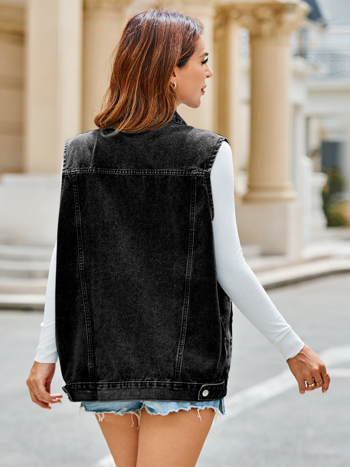 Pocketed Button Up Sleeveless Denim Jacket-Angel Casuals