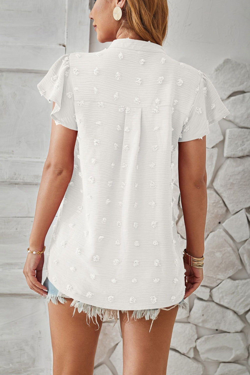 Swiss Dot Notched Cap Sleeve T-Shirt-Angel Casuals