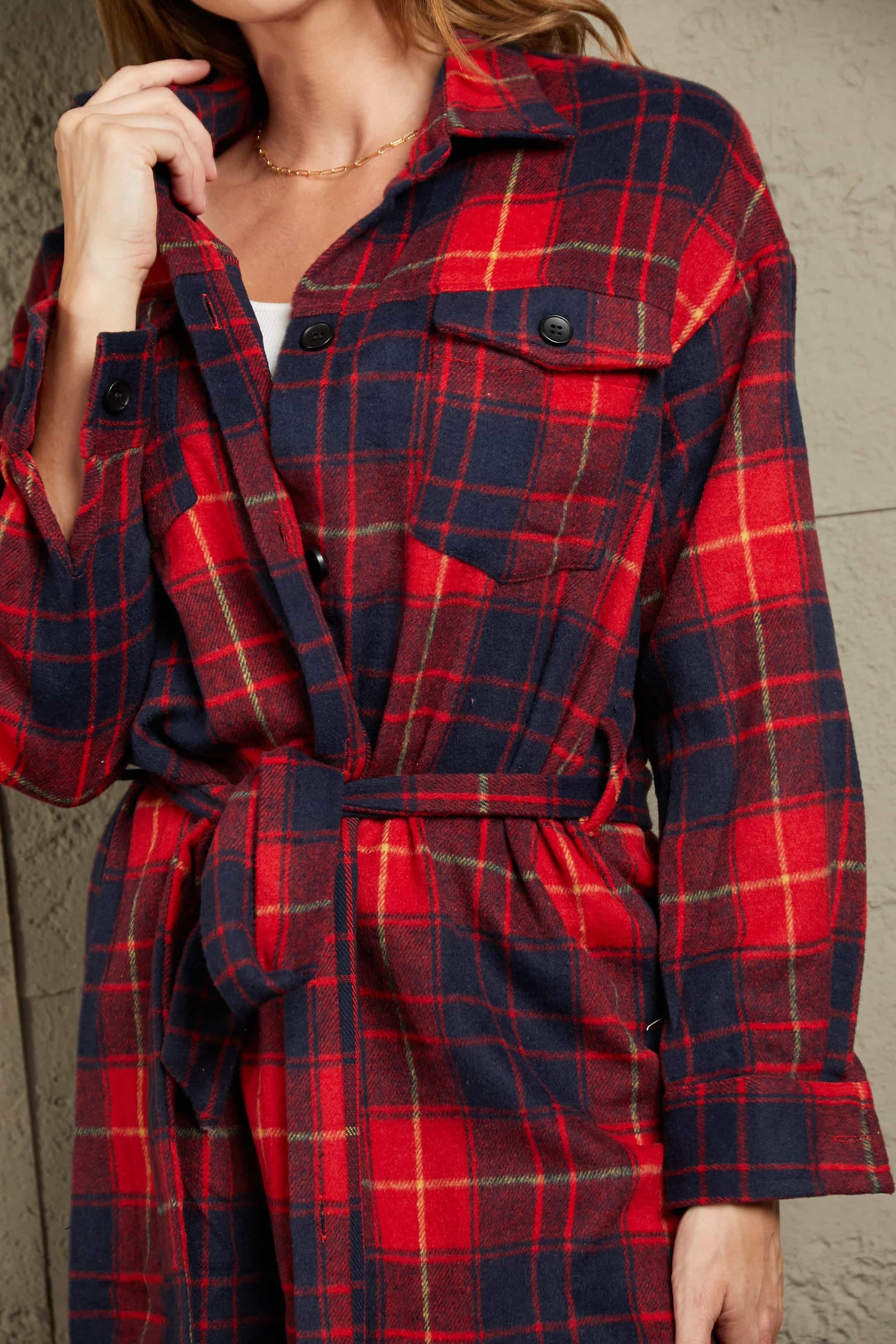 Plaid Belted Button Down Longline Shirt Jacket-Angel Casuals