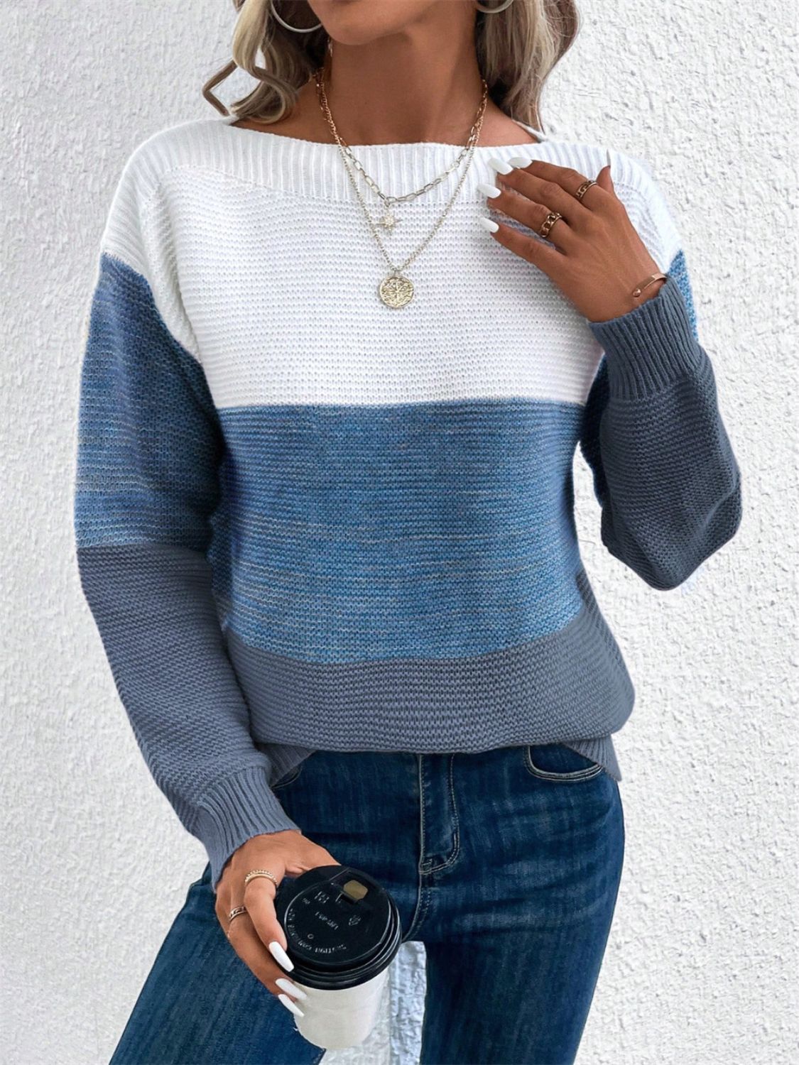 Color Block Drop Shoulder Long Sleeve Sweater-Angel Casuals