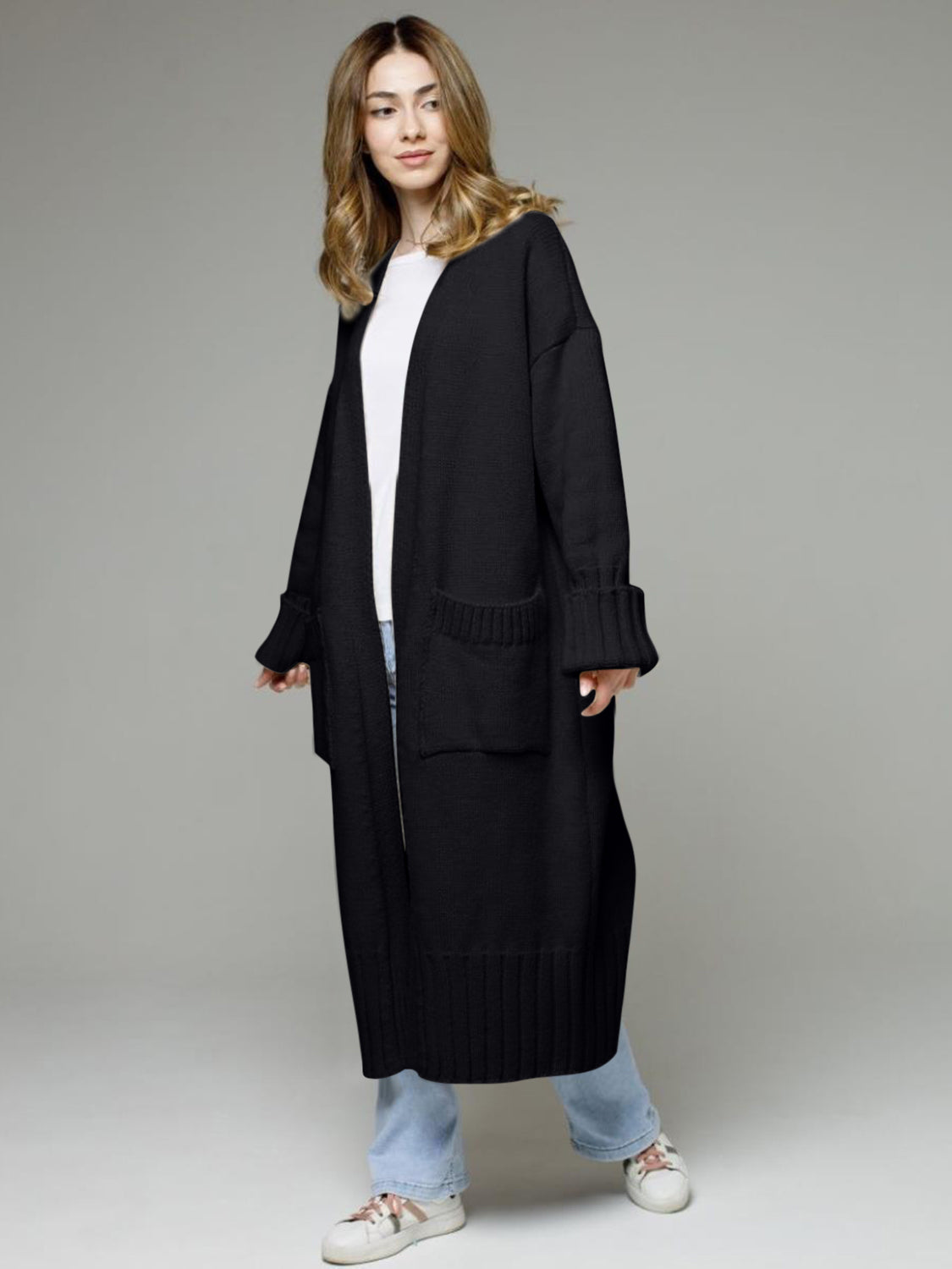 Pocketed Open Front Dropped Shoulder Cardigan-Angel Casuals
