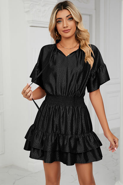 Smocked Tie Neck Flounce Sleeve Dress-Angel Casuals