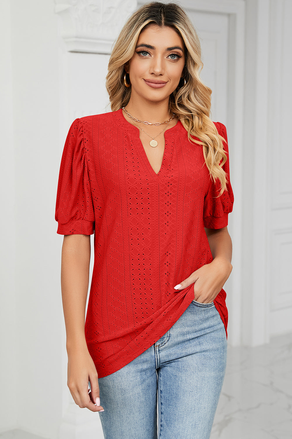 Eyelet Notched Short Sleeve T-Shirt-Angel Casuals