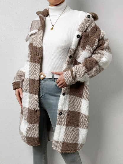 Plaid Collared Neck Button Down Coat-Angel Casuals