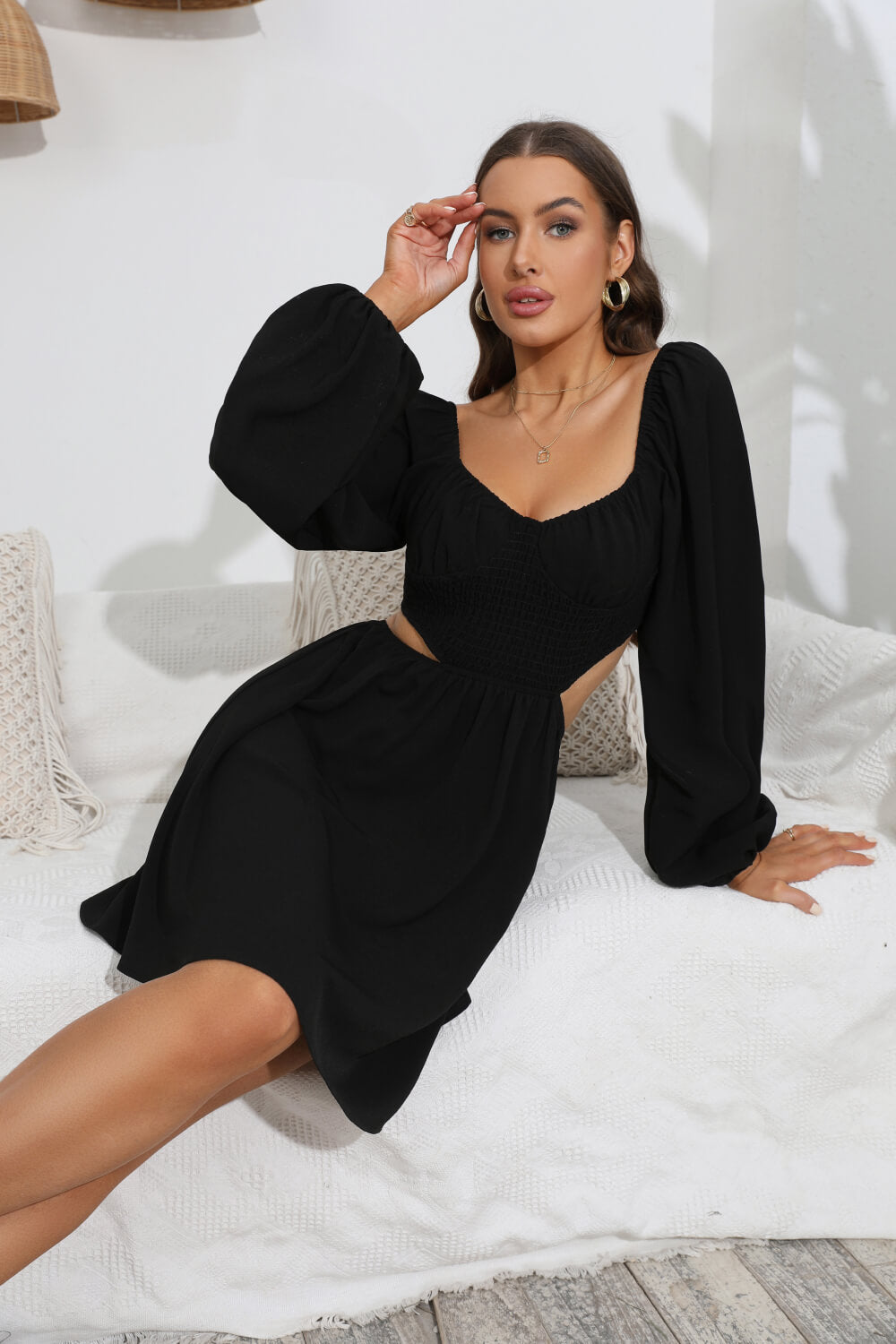 Cutout Long Balloon Sleeve Dress-Angel Casuals