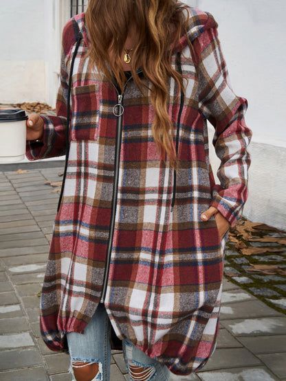 Devine Plaid Zip Up Hooded Coat-Angel Casuals