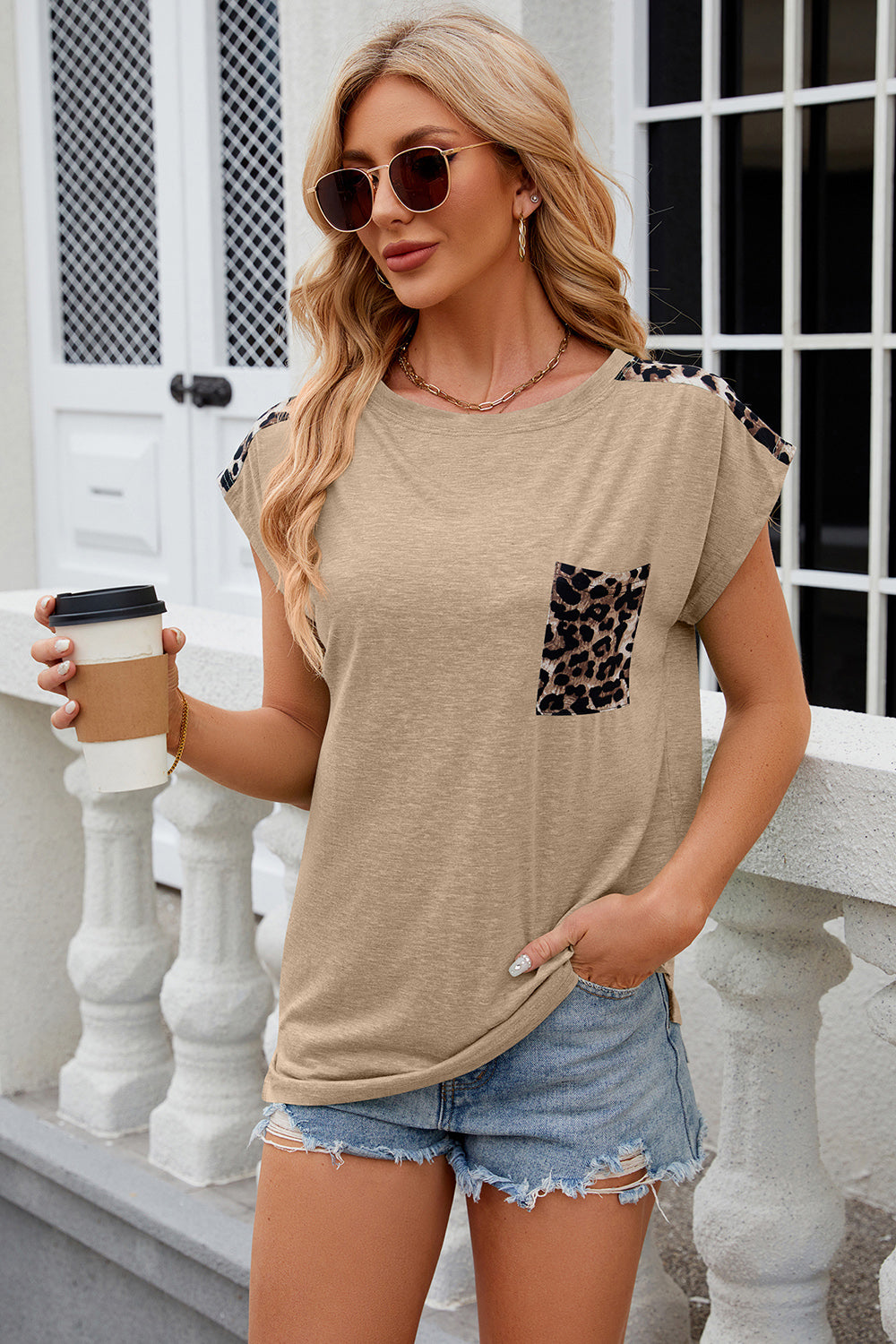 Leopard Round Neck Cap Sleeve T-Shirt-Angel Casuals