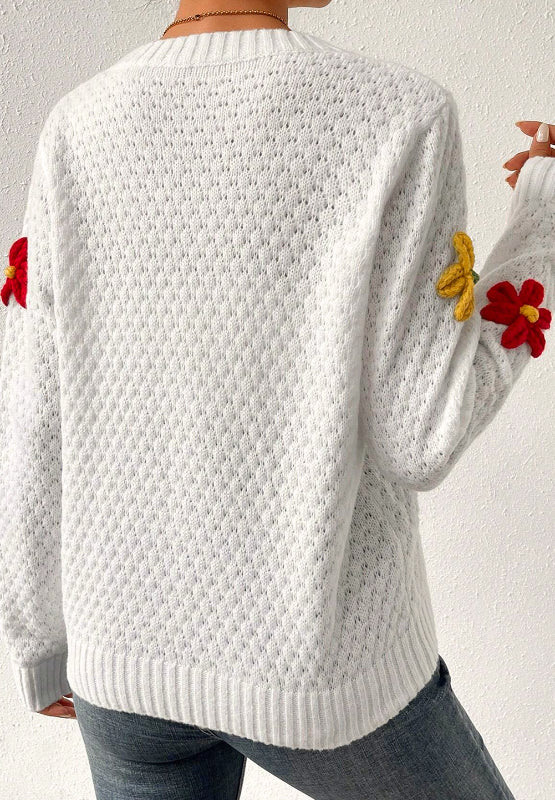 Crochet Flower Round Neck Long Sleeve Sweater-Angel Casuals