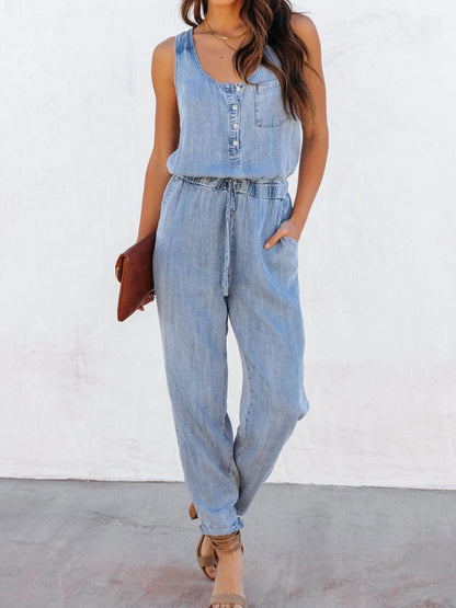 Drawstring Waist Sleeveless Jumpsuit-Angel Casuals