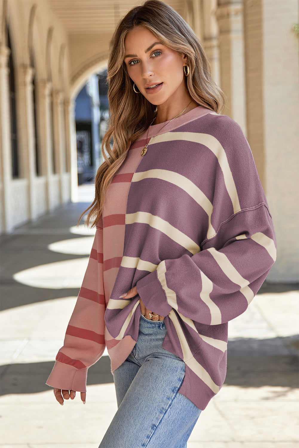 Striped Round Neck Long Sleeve Knit Top-Angel Casuals