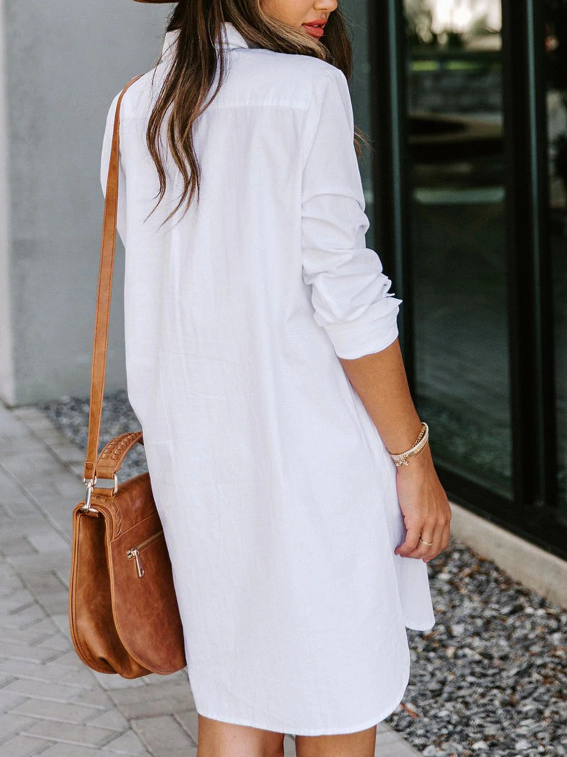 Button Up Collared Neck Long Sleeve Shirt Dress-Angel Casuals